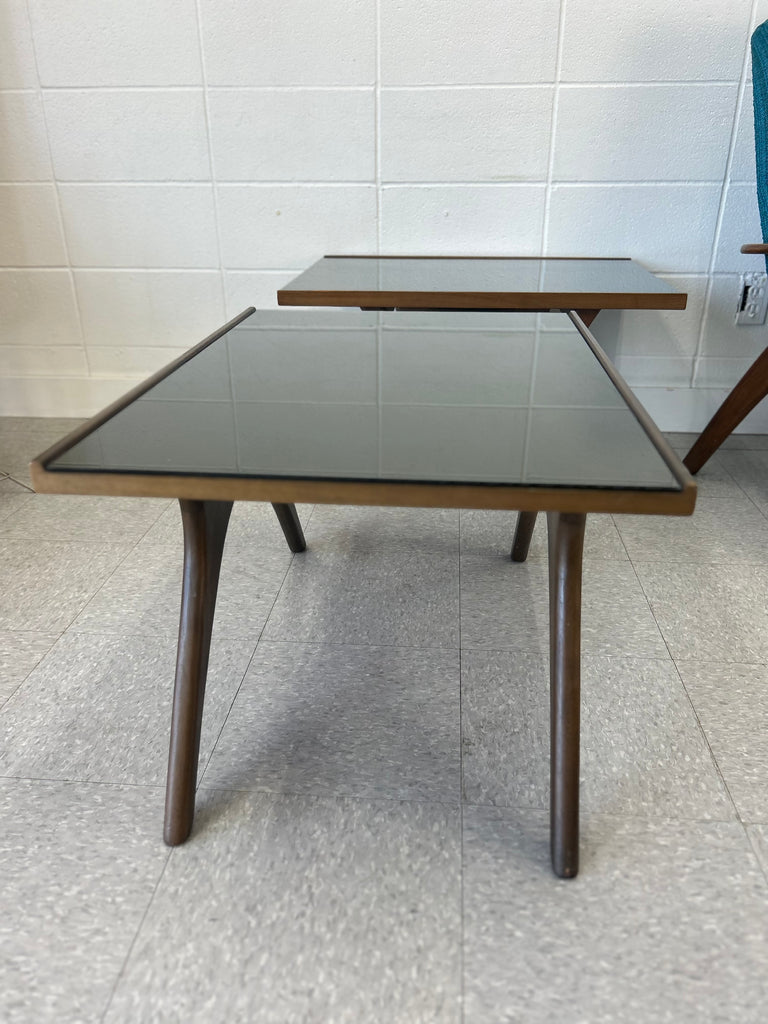 Walnut and glass end table pair