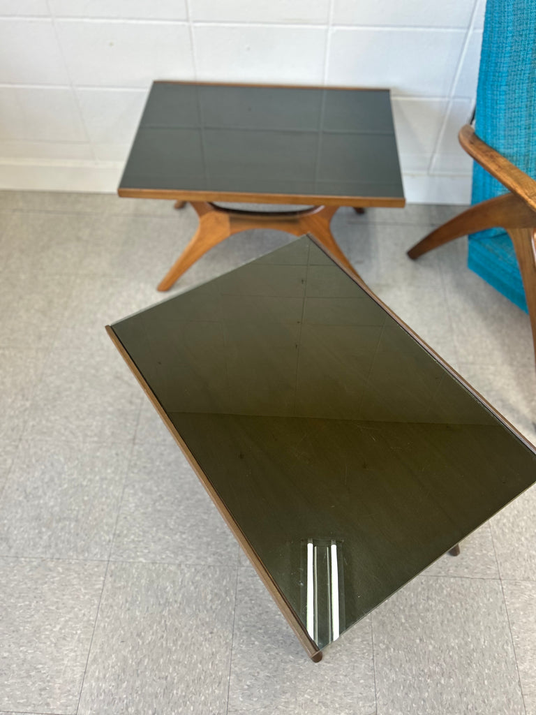 Walnut and glass end table pair