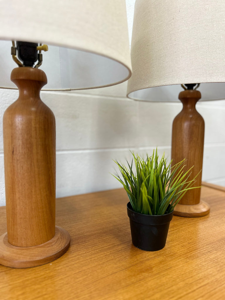 Teak table lamp pair