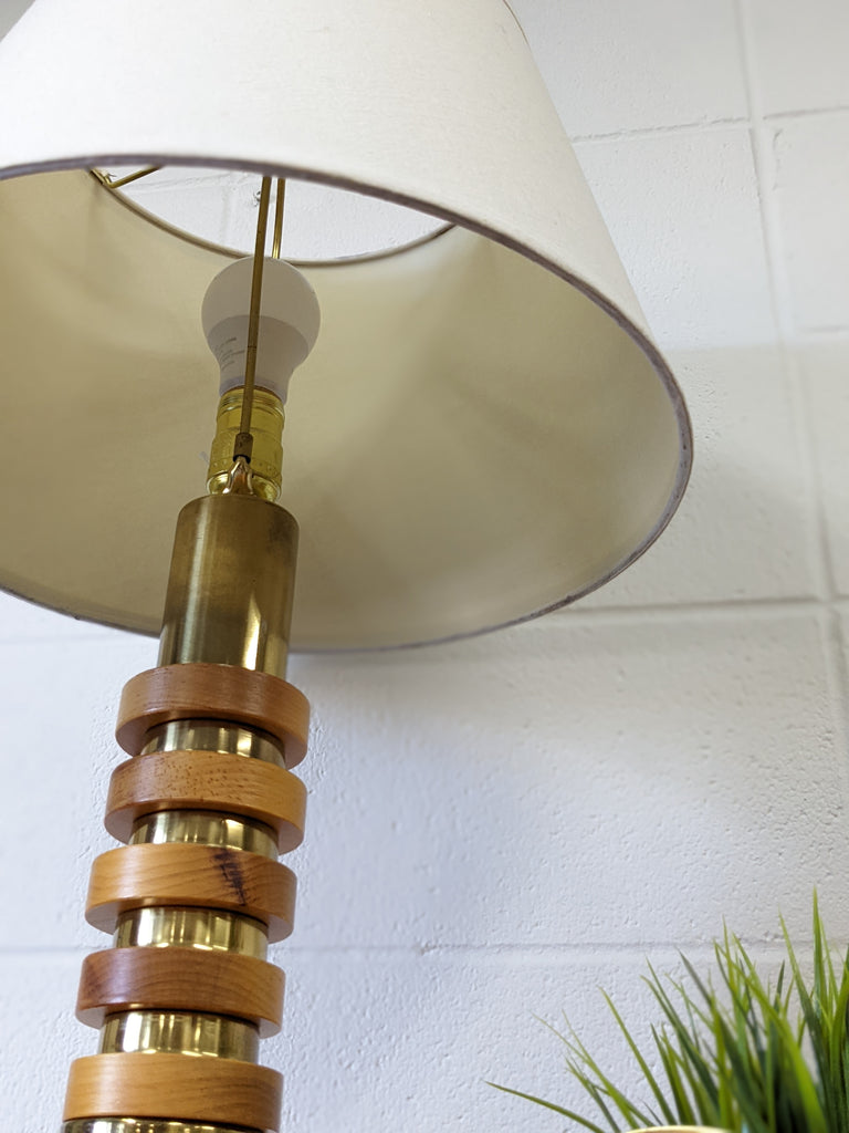 Brass and wood table lamp