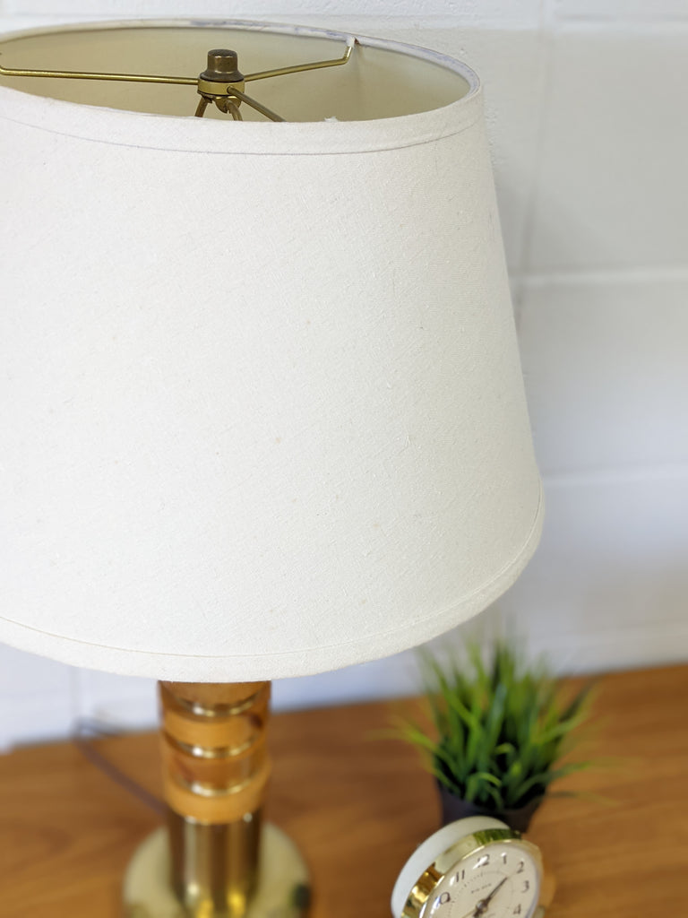 Brass and wood table lamp